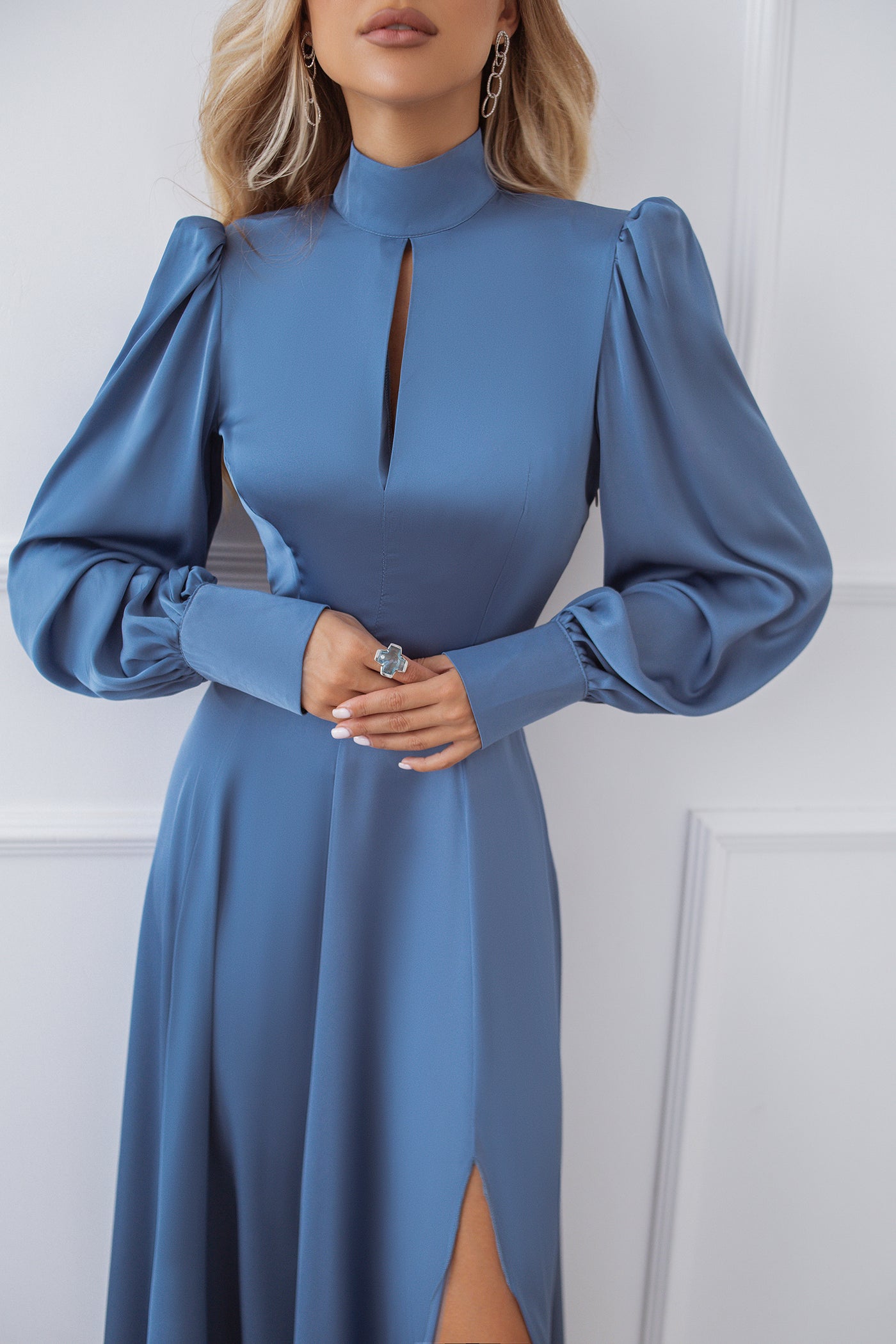 Blue SILK LONG SLEEVE MAXI DRESS (ARTICLE C323)