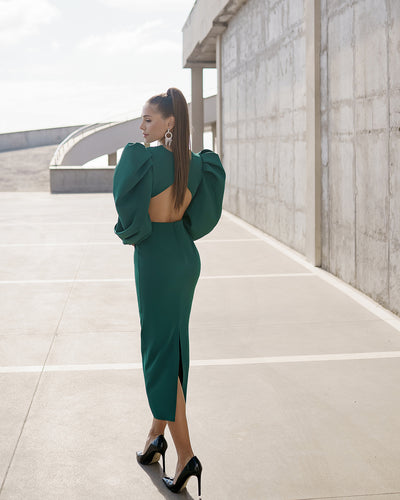 Green BACKLESS CUT-OUT PUFF-SLEEVE MIDI DRESS (ARTICLE 350)