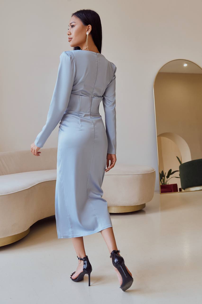 Sky-Blue Satin Long Sleeve Midi Dress (article 342)