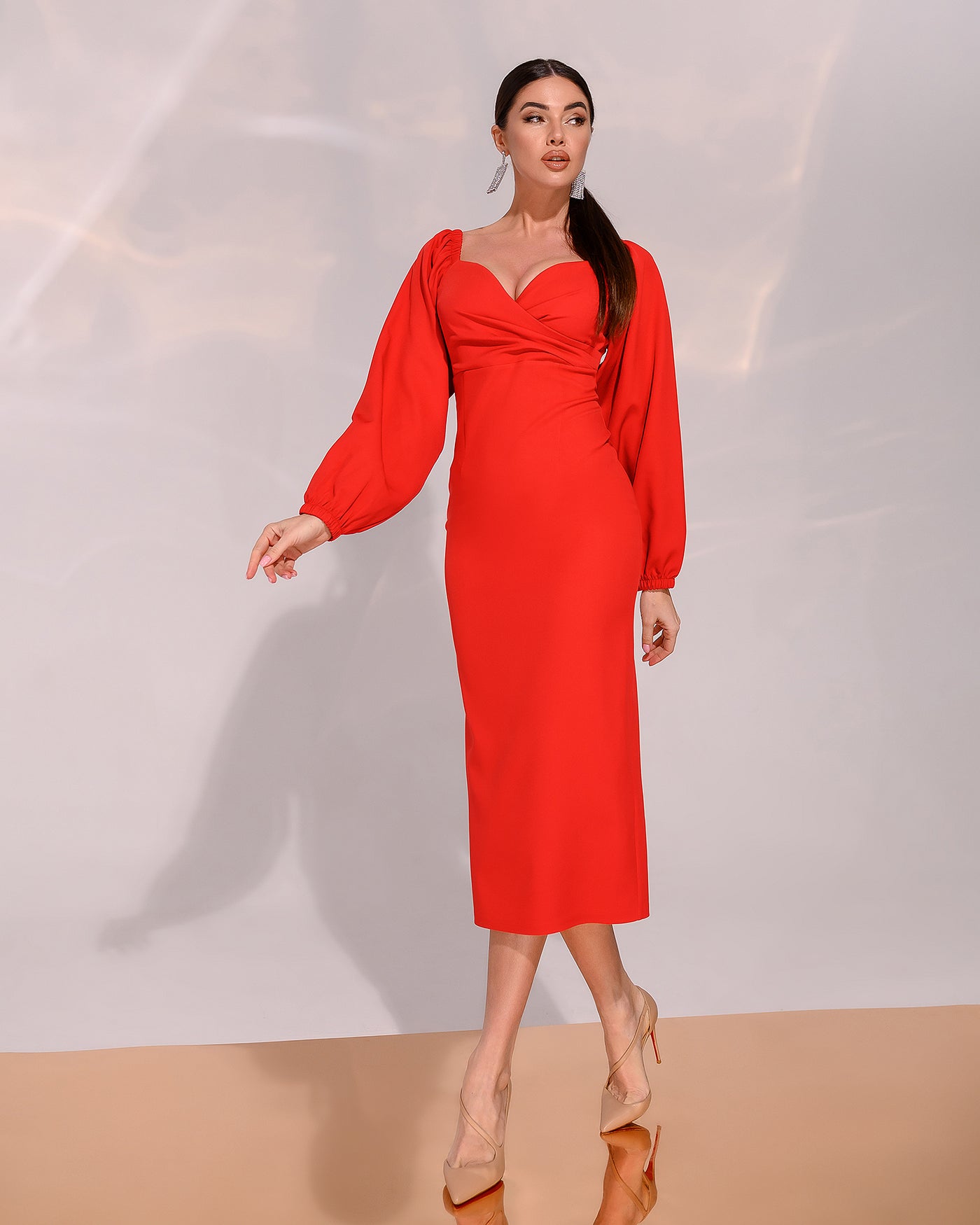 Red Puff-Sleeve Midi Dress (article 256)