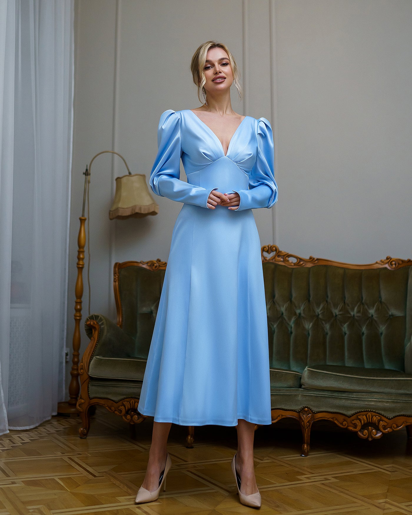 Sky blue SATIN BOW BACK MIDI DRESS (ARTICLE 340)