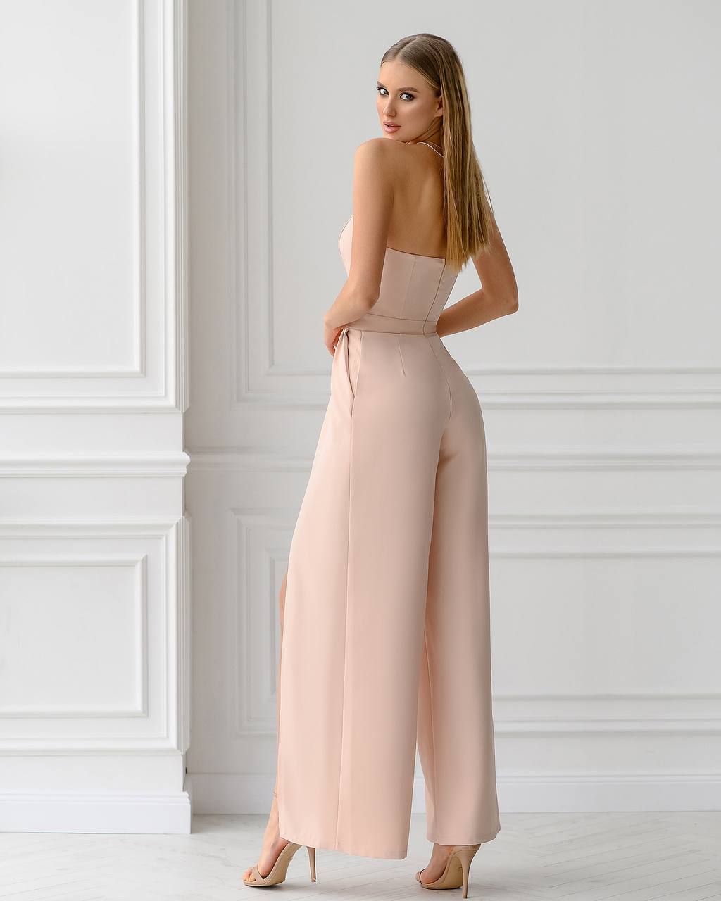 Beige STRAPLESS V-NECK JUMPSUIT (ARTICLE 323)