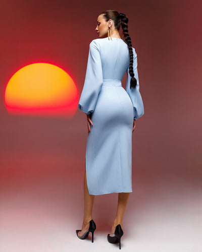 Sky-Blue Square Neck Puff-Sleeve Midi Dress (article 353)