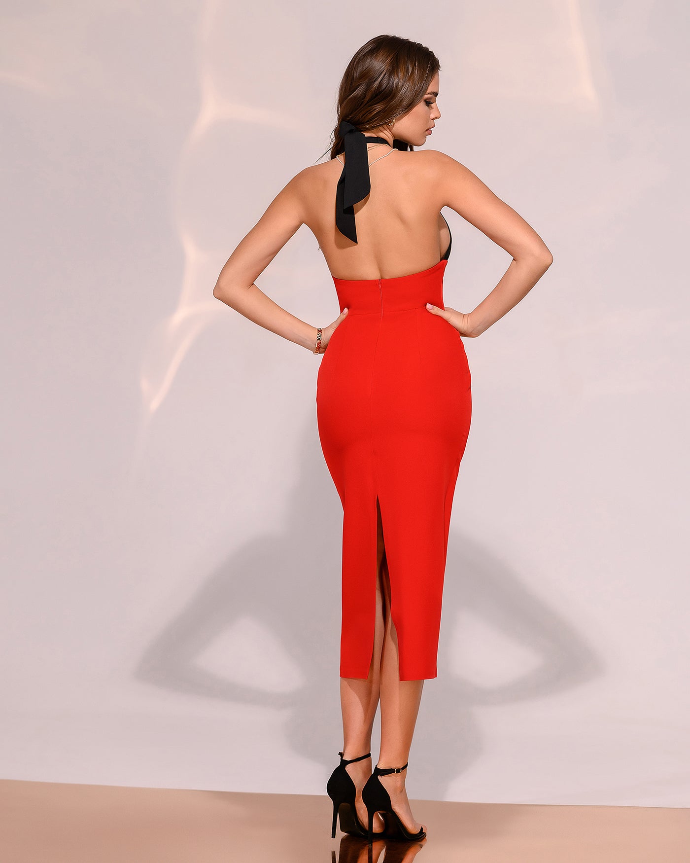 RED-BLACK BACKLESS HALTER MIDI DRESS