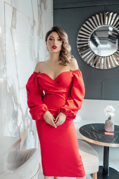 Red Puff-Sleeve Midi Dress (article 256)