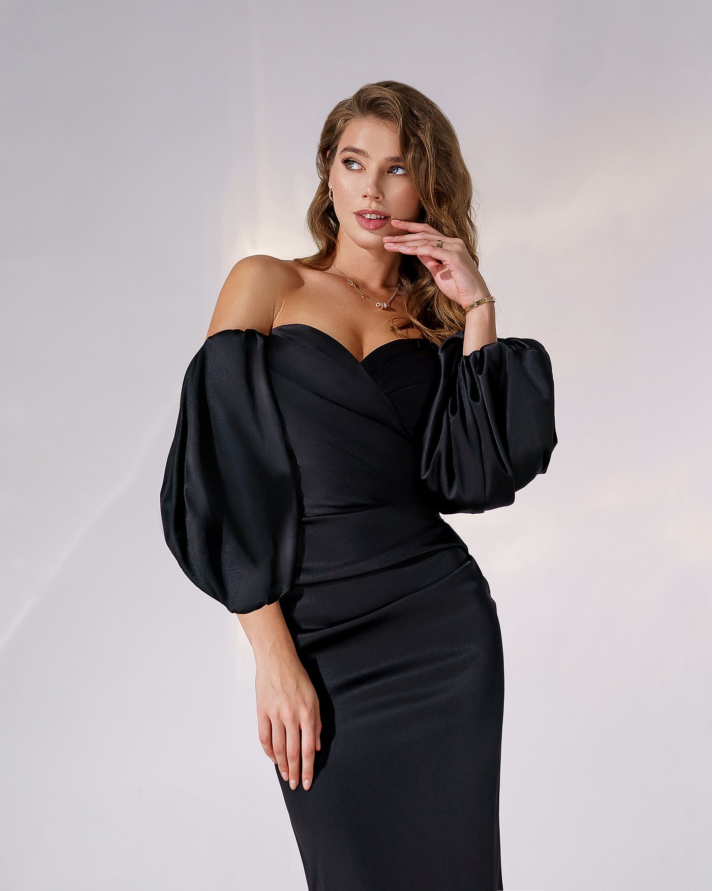 Black SATIN SWEETHEART PUFF-SLEEVE MIDI DRESS (ARTICLE 330)