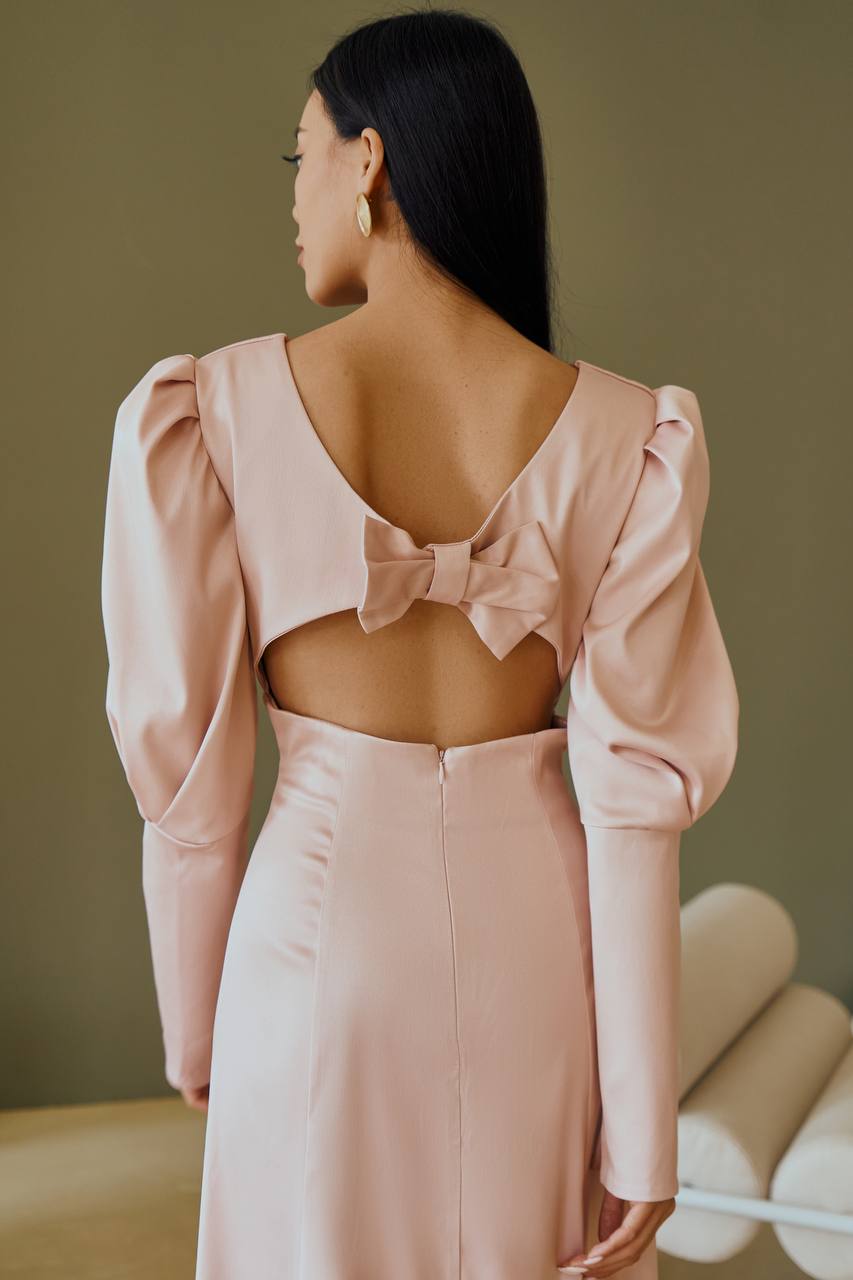 Dusty Pink Satin Bow Back Midi Dress (article 340)