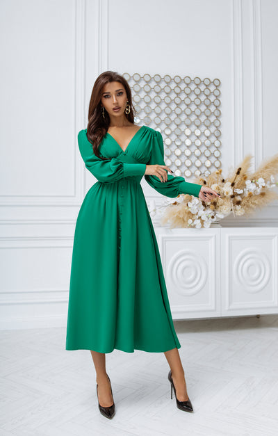 Green V-NECK BUTTONED PUFF-SLEEVE MIDI DRESS (ARTICLE C392)