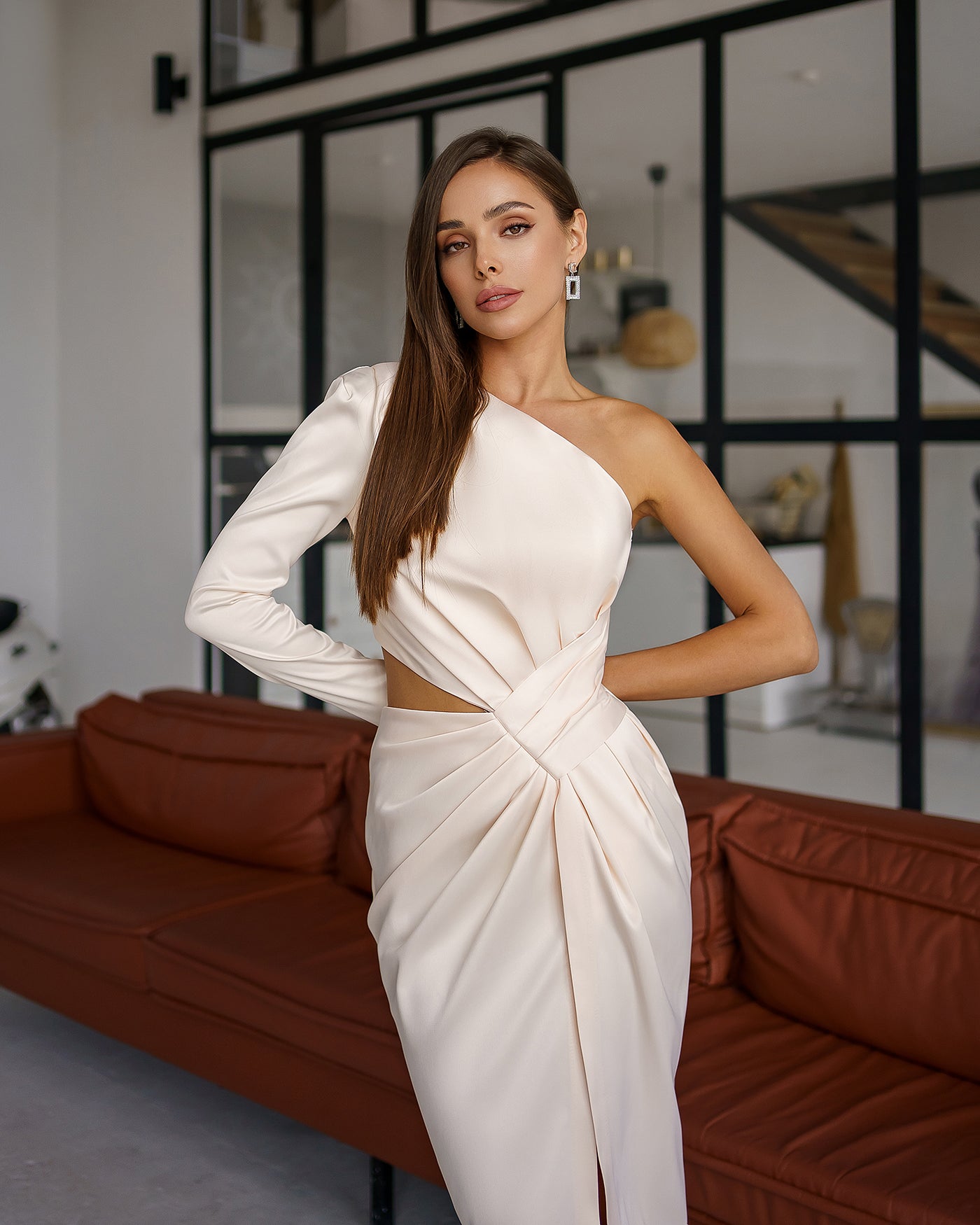 White Satin One-Shoulder Cut-Out Midi Dress (article 341)