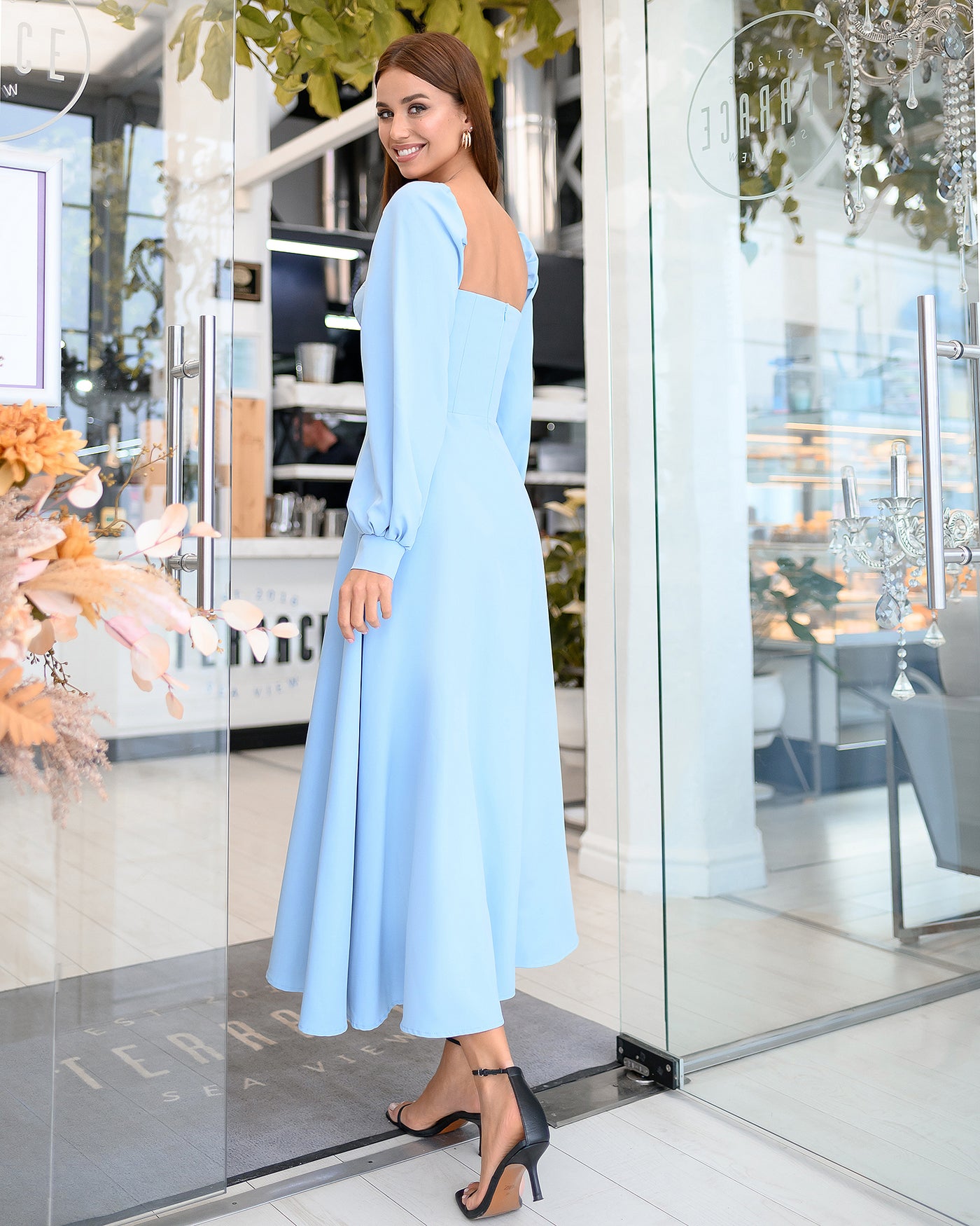 Sky blue Puff-Sleeve Midi Dress (Article 401)