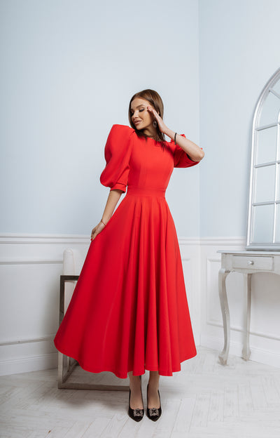 Red BACKLESS PUFF-SLEEVE MIDI DRESS (ARTICLE C383)