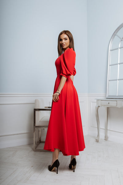 Red BACKLESS PUFF-SLEEVE MIDI DRESS (ARTICLE C383)