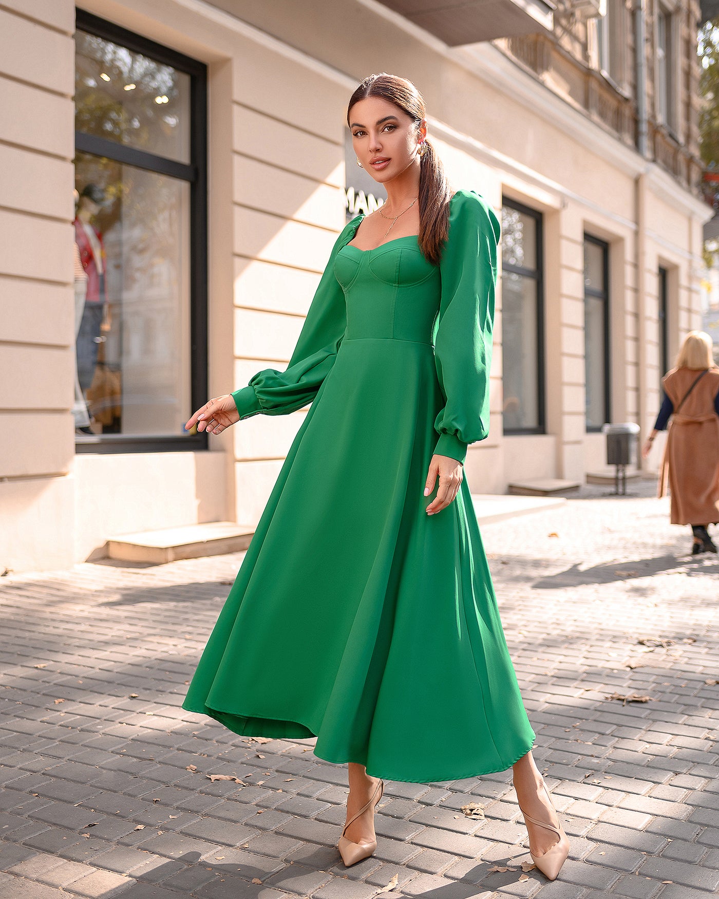 Green PUFF-SLEEVE MIDI DRESS (ARTICLE 401)