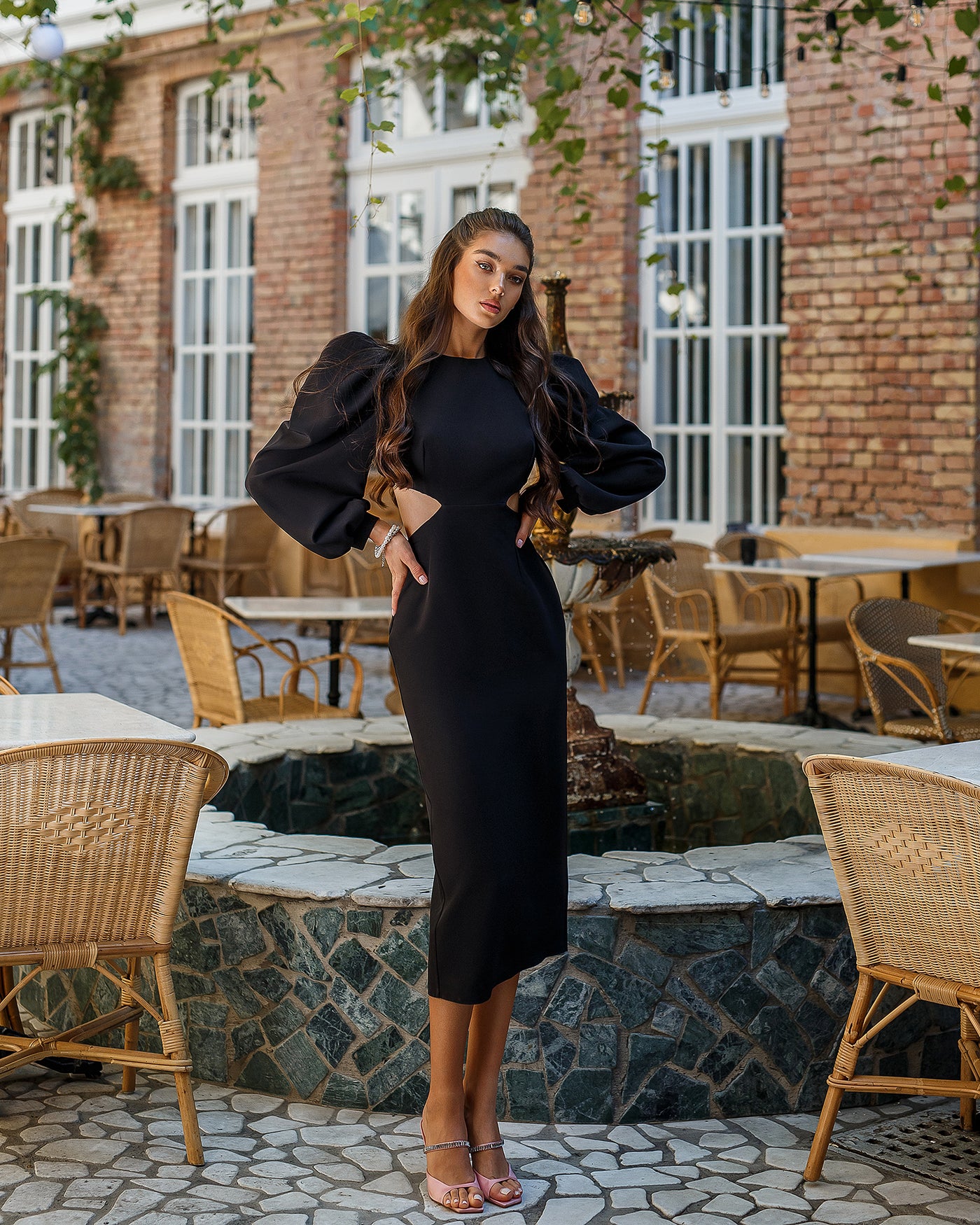 Black BACKLESS CUT-OUT PUFF-SLEEVE MIDI DRESS (ARTICLE 350)