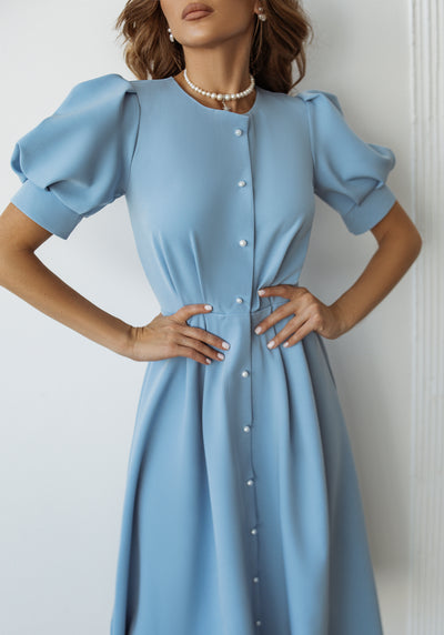 Sky-blue FITTED PUFF-SLEEVE MIDI DRESS (ARTICLE C390)