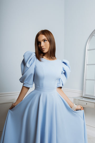 Sky-blue BACKLESS PUFF-SLEEVE MIDI DRESS (ARTICLE C383)