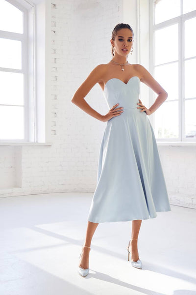 Sky-Blue Satin Corseted Strapless Dress (article 047)