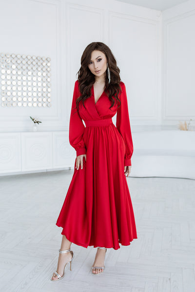 Red MIDI LONG SLEEVE DRESS (ARTICLE C393)