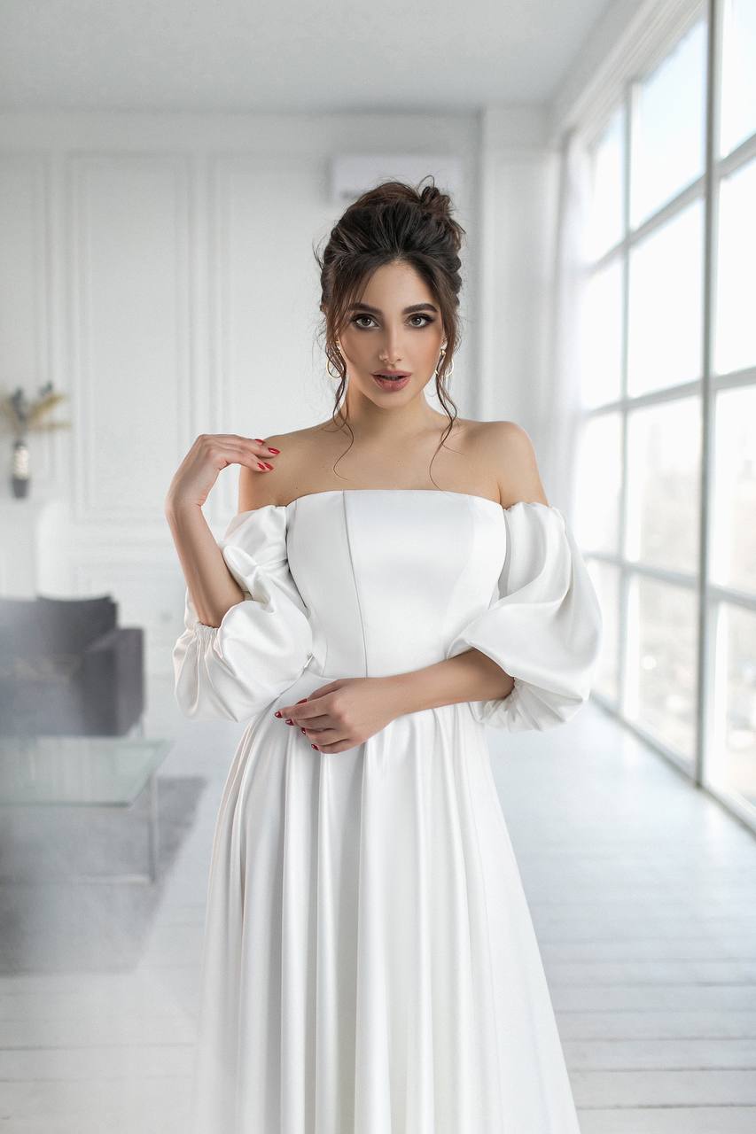 White Satin Puff-Sleeve Bridal Maxi Dress (article 288)