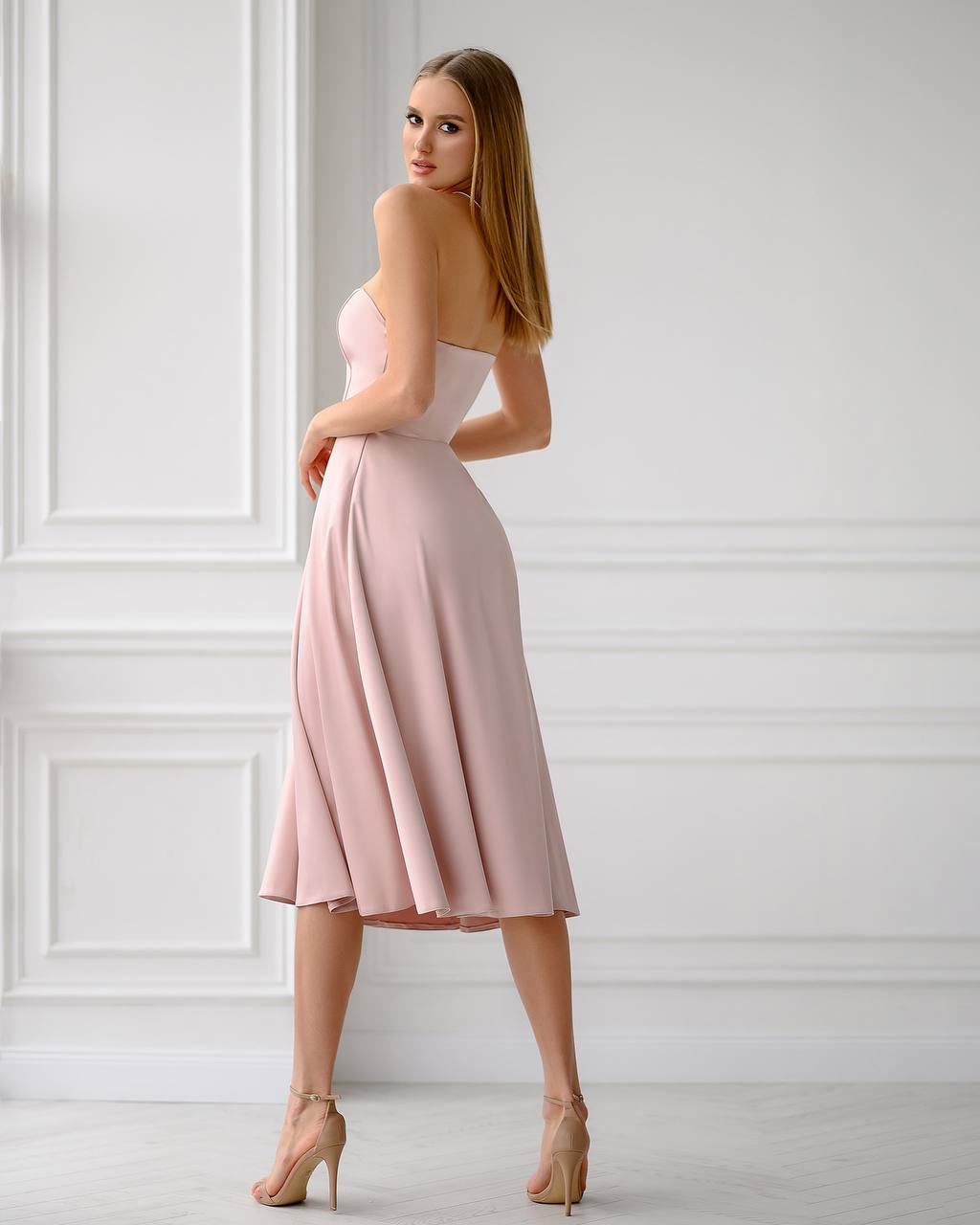 Dusty Pink Satin Corseted Strapless Dress (article 047)