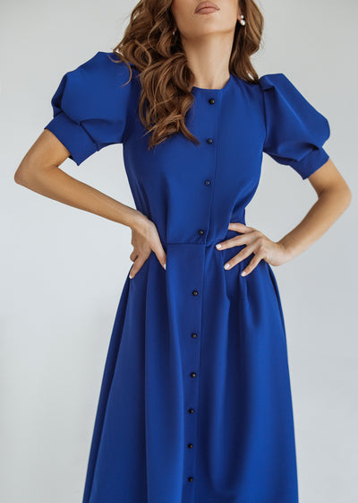 Blue FITTED PUFF-SLEEVE MIDI DRESS (ARTICLE C390)