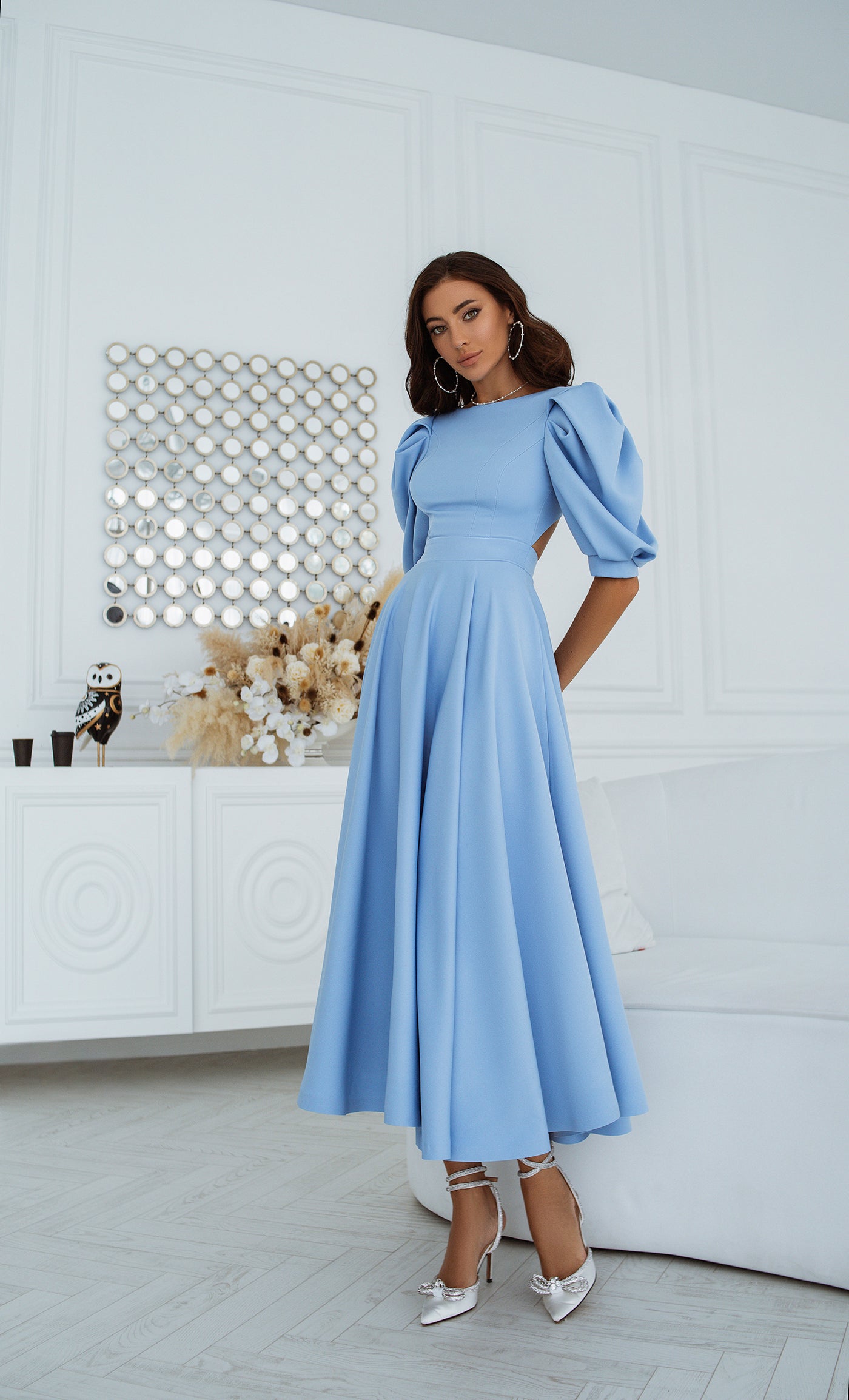 Sky-blue BACKLESS PUFF-SLEEVE MIDI DRESS (ARTICLE C383)