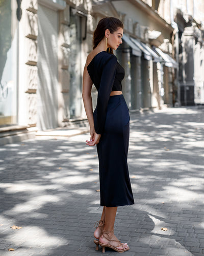 Black SATIN ONE-SHOULDER CUT-OUT MIDI DRESS (ARTICLE 341)