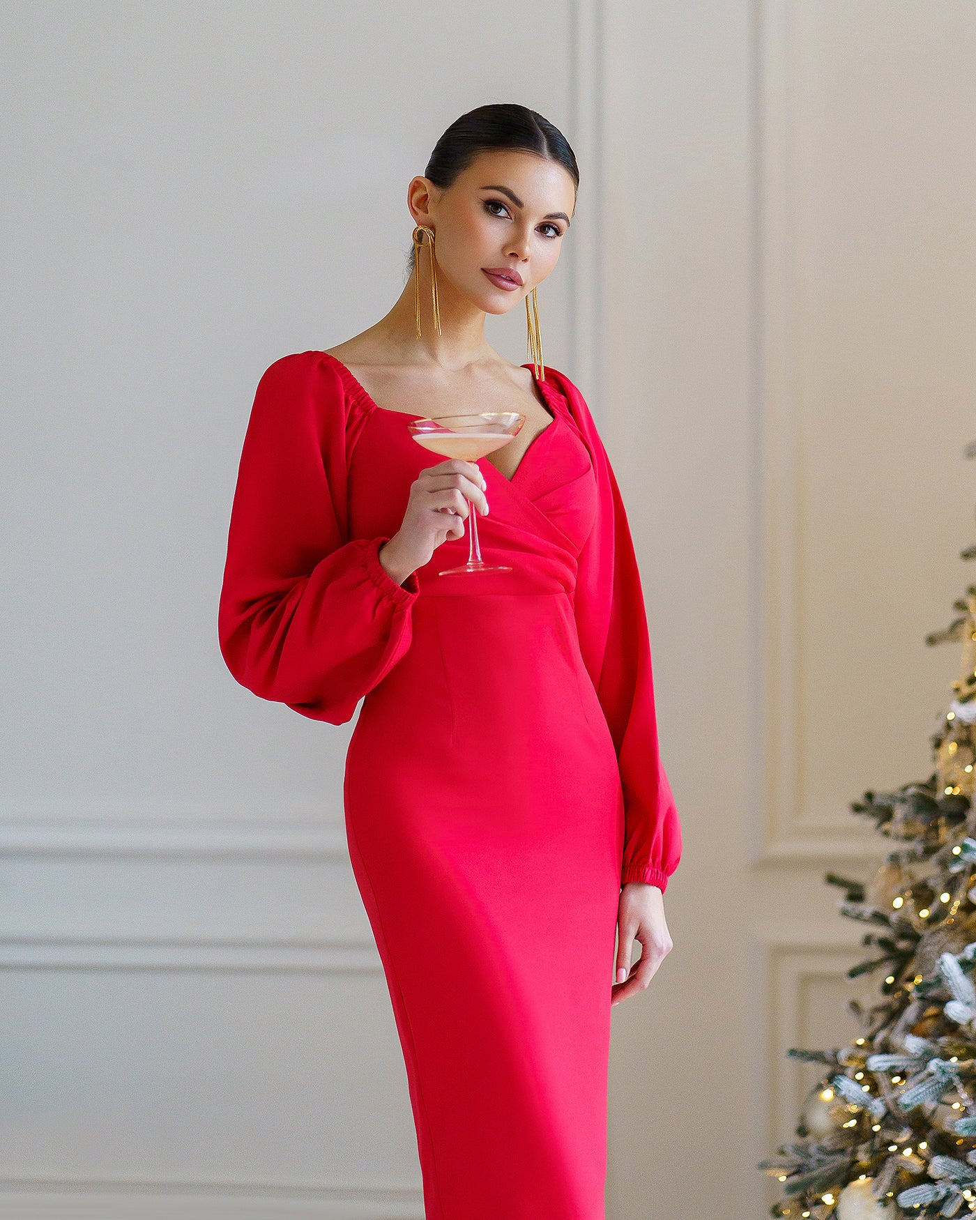 Red Puff-Sleeve Midi Dress (article 256)