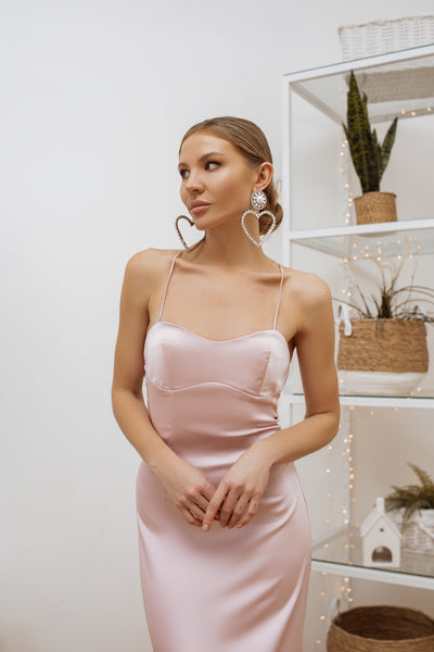 Dusty pink SATIN TIE-DETAILED SLIP MIDI DRESS (article c378)