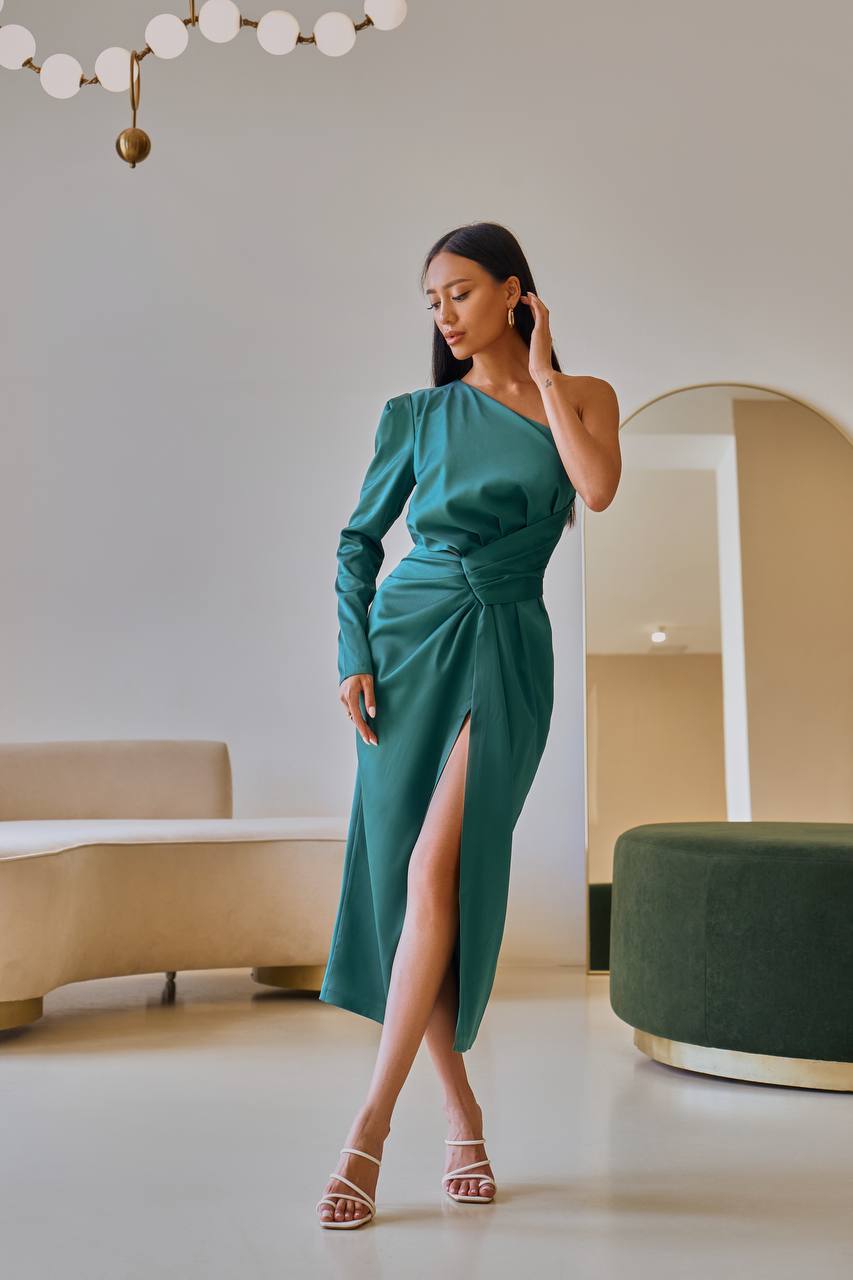 Emerald SATIN ONE-SHOULDER CUT-OUT MIDI DRESS (ARTICLE 341)