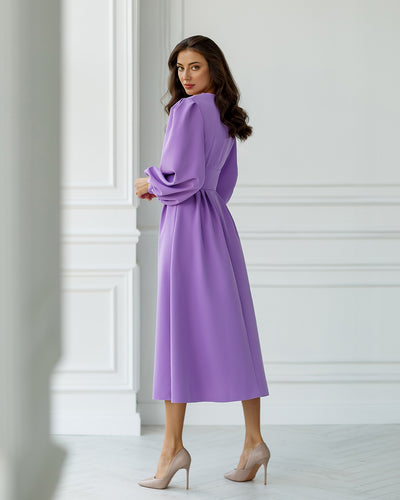 Purple V-NECK PUFF-SLEEVE MIDI DRESS (ARTICLE 352)