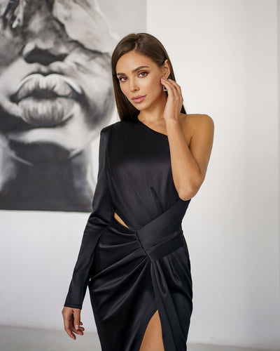 Black SATIN ONE-SHOULDER CUT-OUT MIDI DRESS (ARTICLE 341)