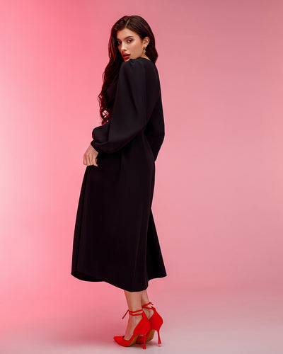 Black V-NECK PUFF-SLEEVE MIDI DRESS (ARTICLE 352)