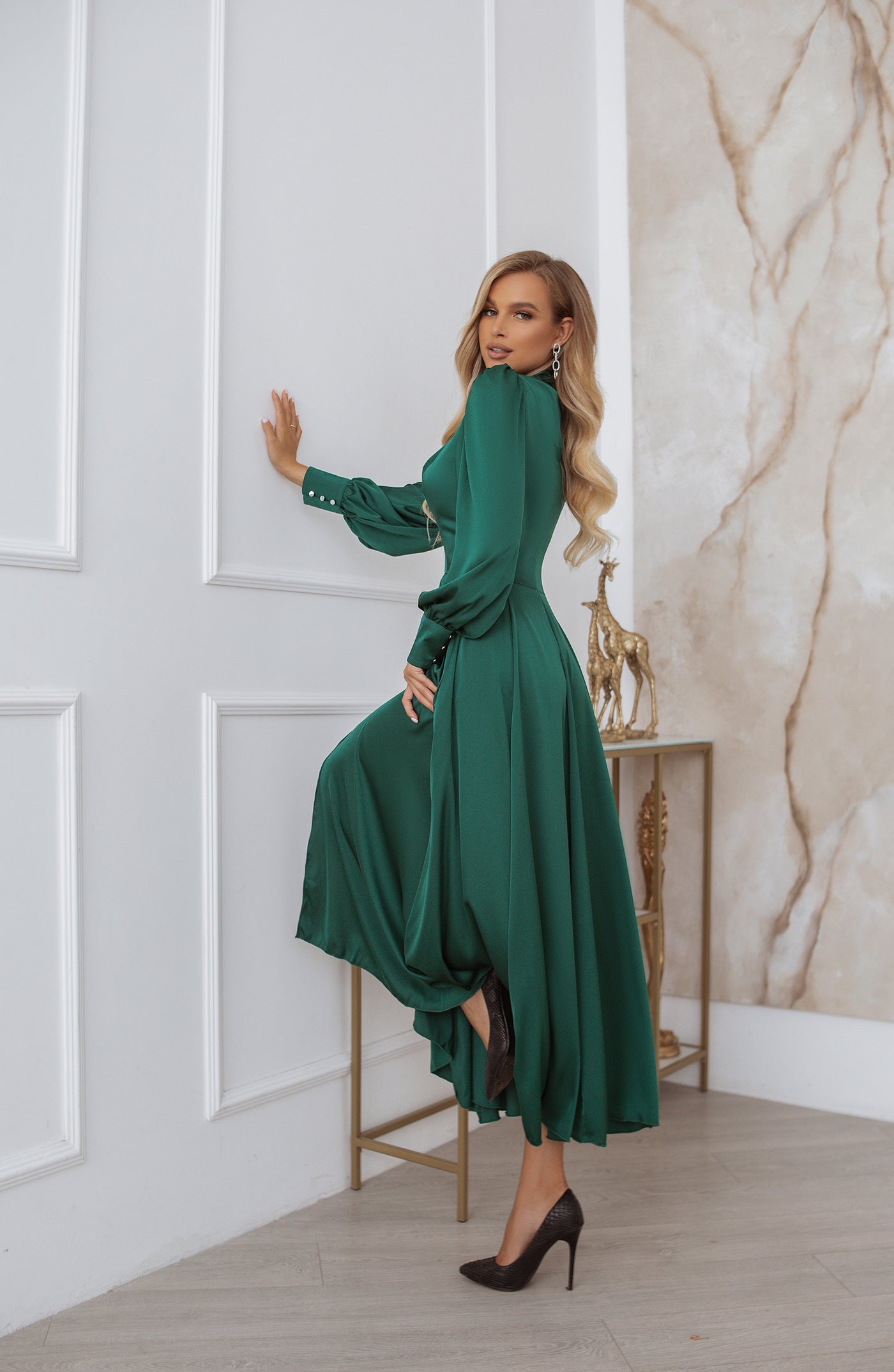 Emerald Silk Long Sleeve Maxi Dress (article C323)