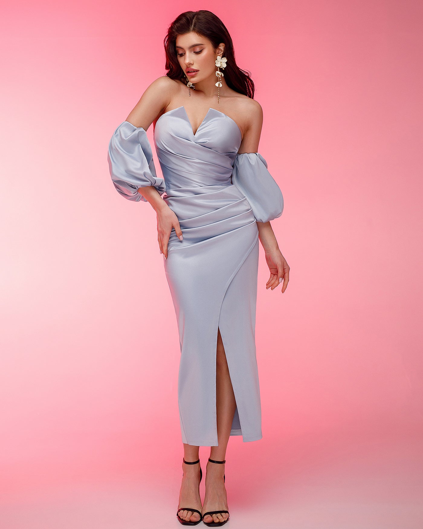 Gray-blue PUFF-SLEEVE MIDI DRESS (ARTICLE 289)