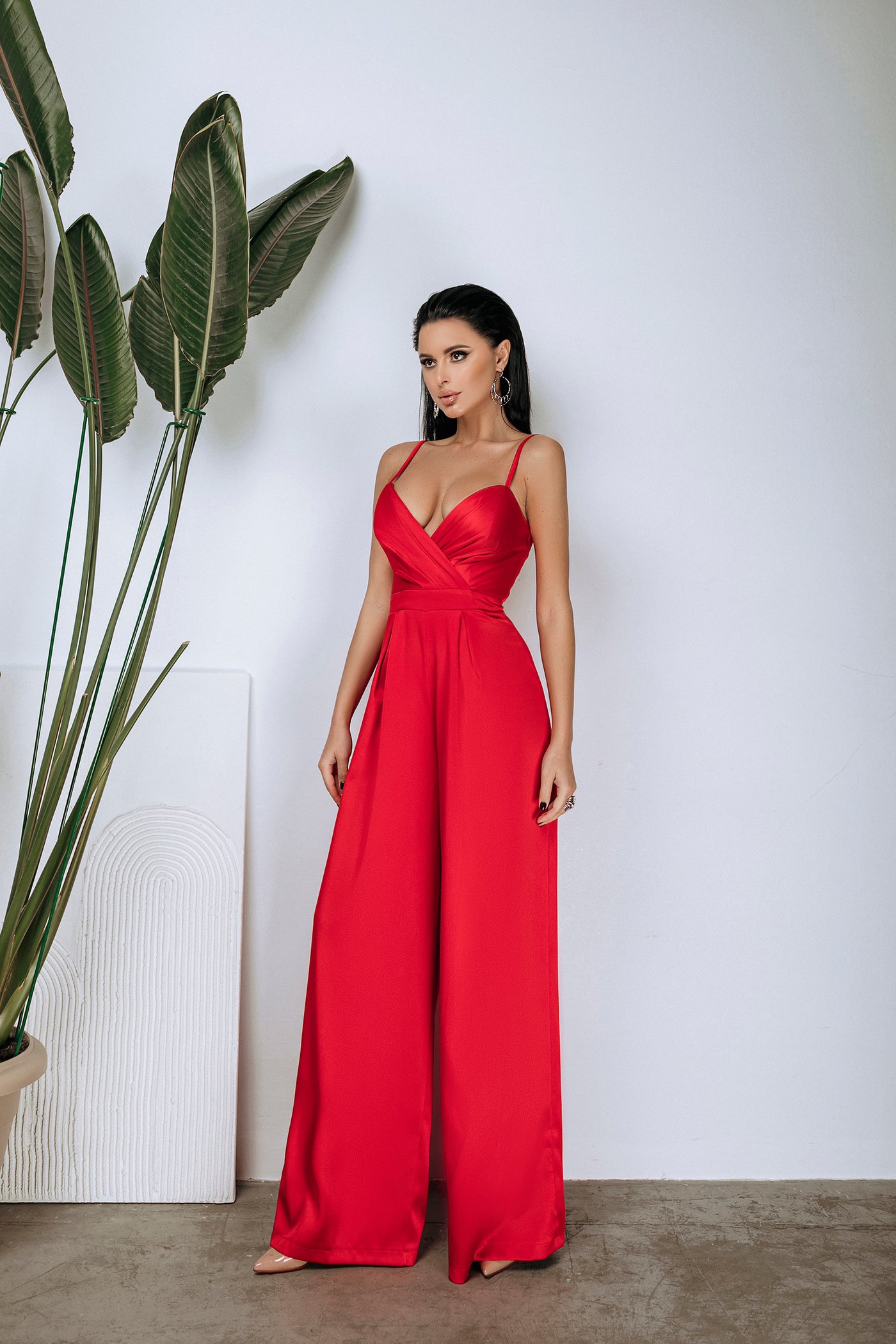 Red SATIN WIDE-LEG JUMPSUIT (ARTICLE C314)