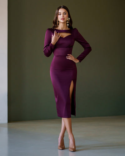 Bordeaux SATIN LONG SLEEVE MIDI DRESS (ARTICLE 342)