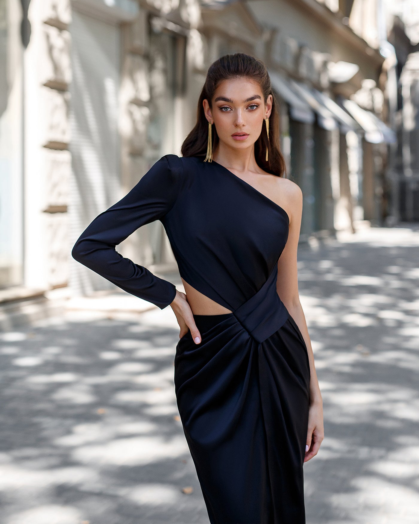 Black SATIN ONE-SHOULDER CUT-OUT MIDI DRESS (ARTICLE 341)