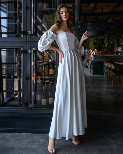 White Satin Puff-Sleeve Bridal Maxi Dress (article 288)