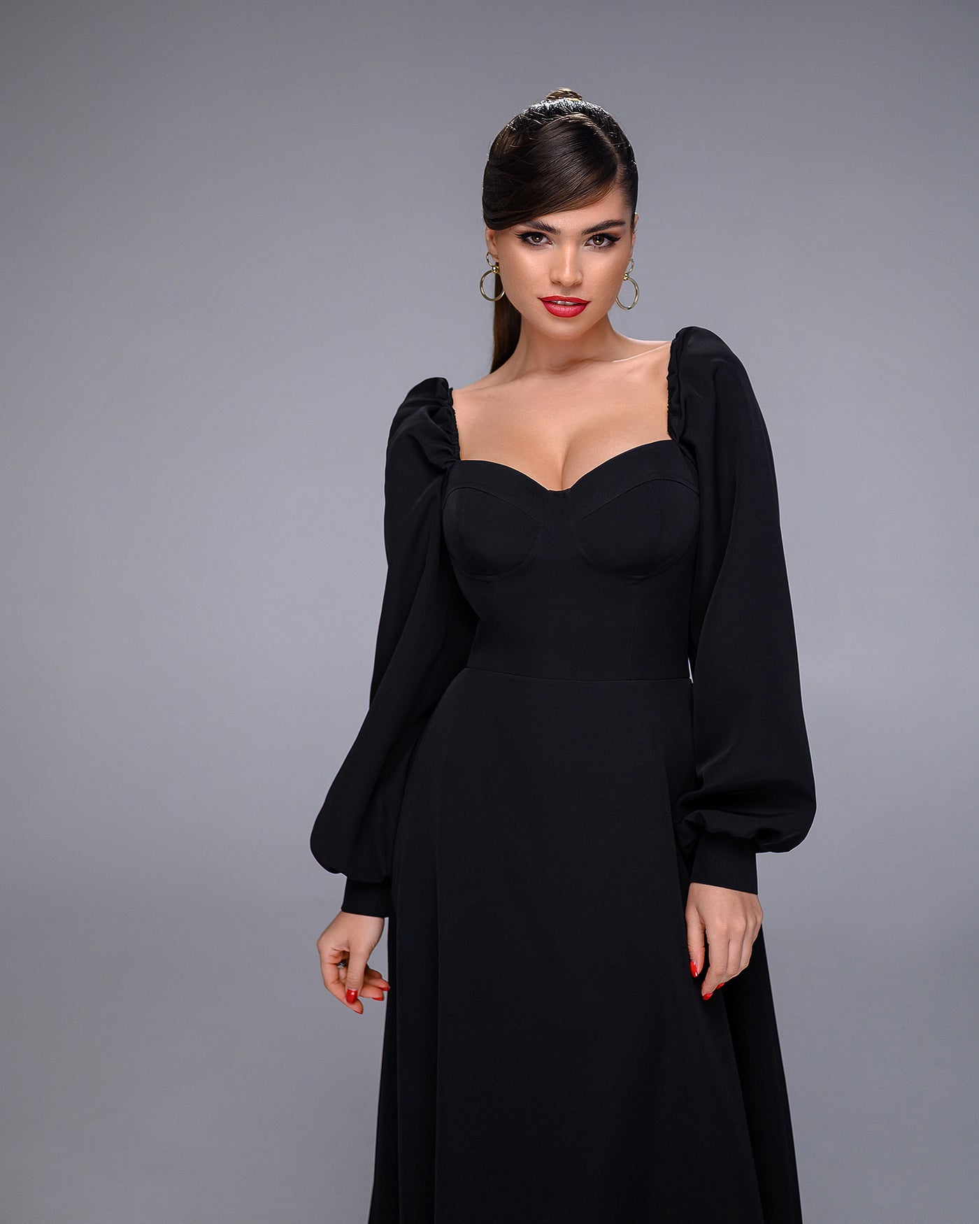 Black PUFF-SLEEVE MIDI DRESS (ARTICLE 401)