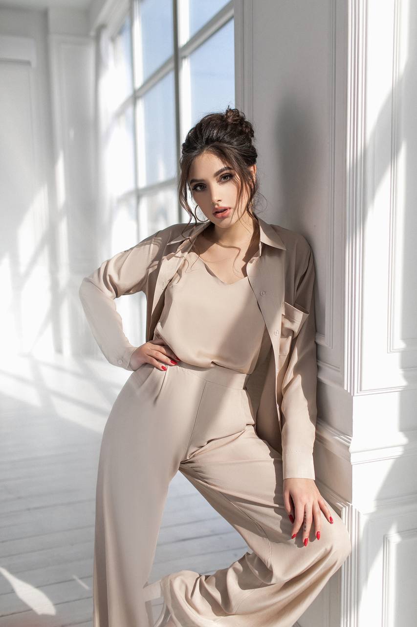 Beige Shirt & High Waist Pants  2-Piece Set (article 284)