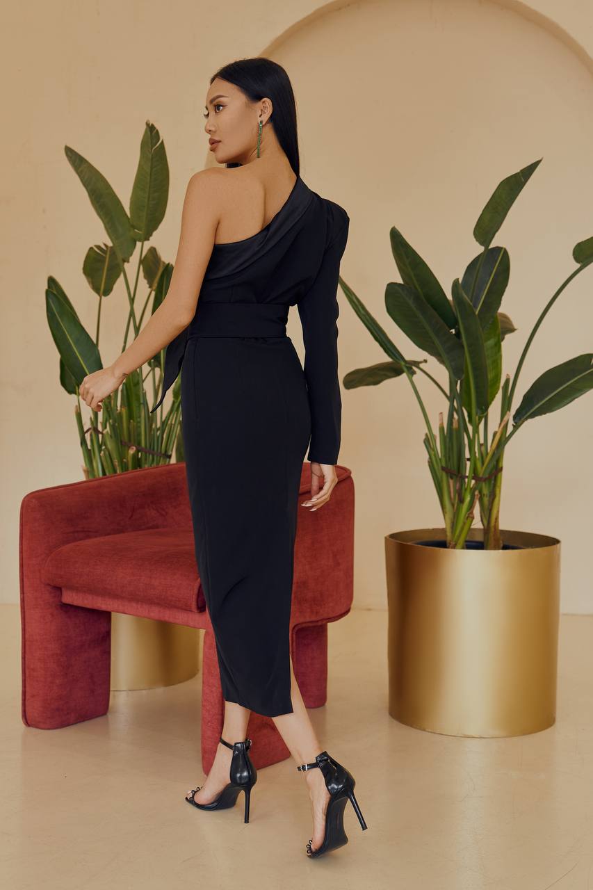 Black ONE-SHOULDER BELTED MIDI DRESS (ARTICLE 343)