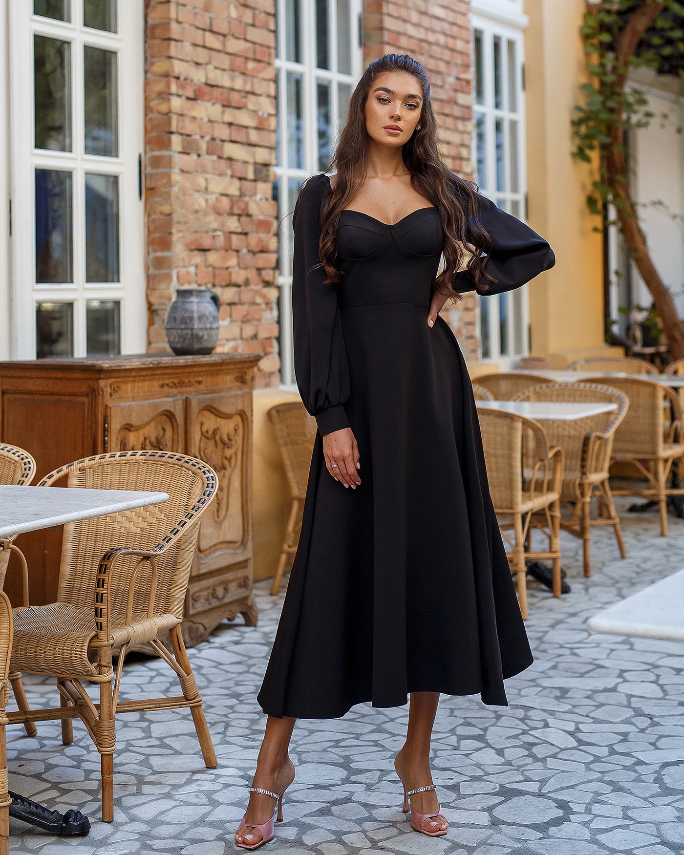 Black PUFF-SLEEVE MIDI DRESS (ARTICLE 401)