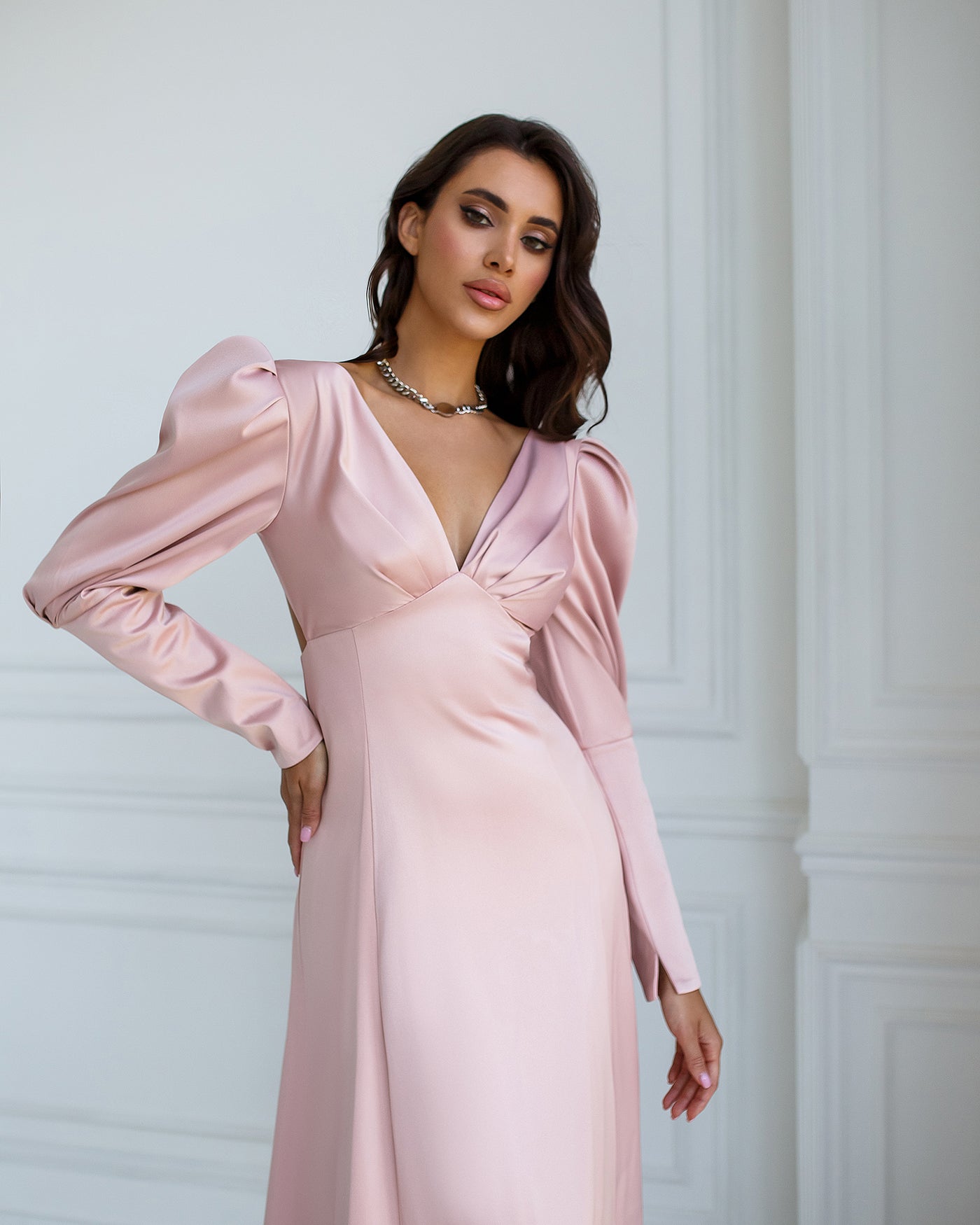 Dusty Pink Satin Bow Back Midi Dress (article 340)