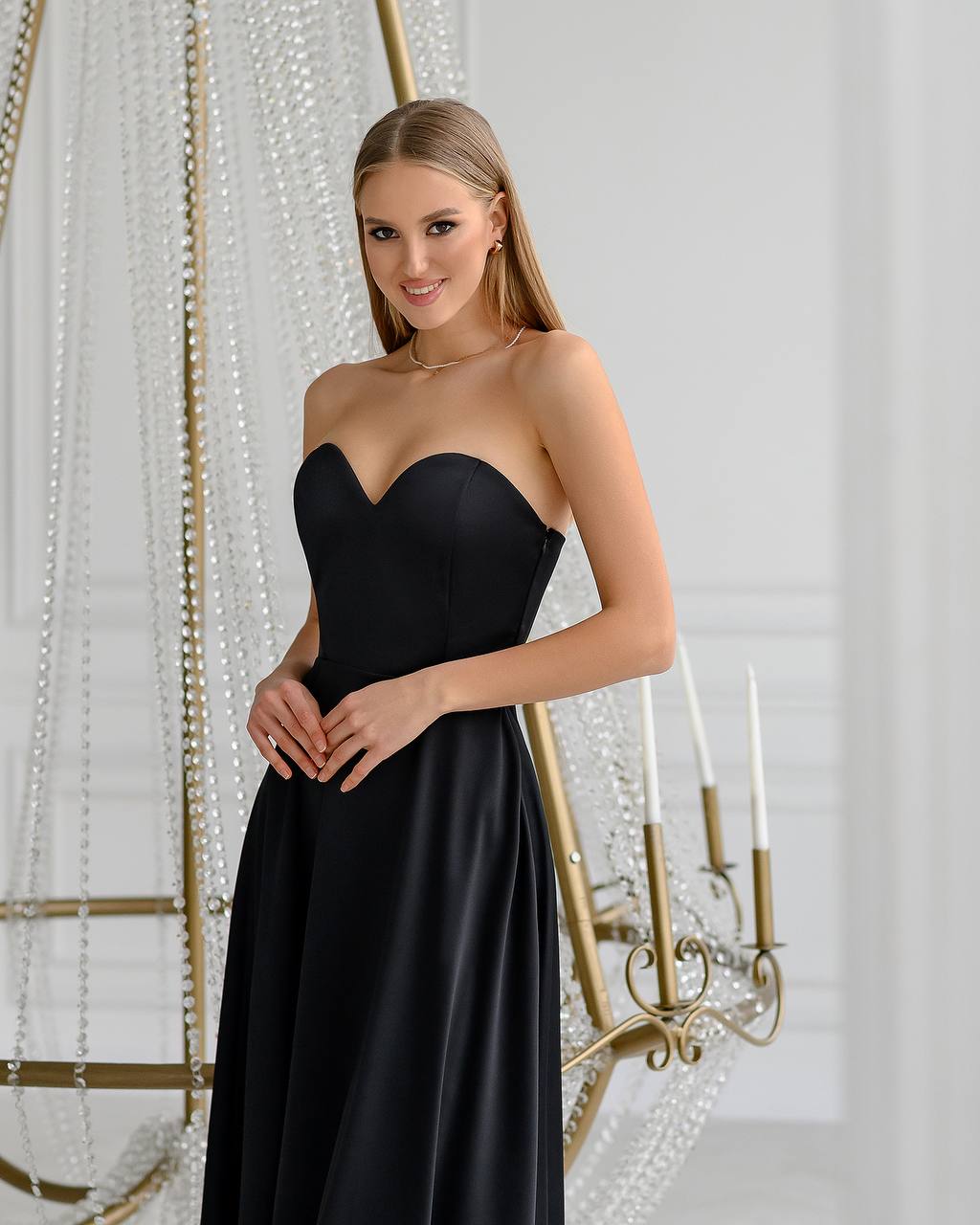 Black Satin Corseted Strapless Dress (article 047)