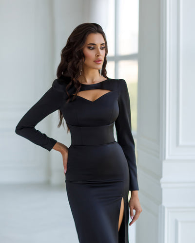 Black SATIN LONG SLEEVE MIDI DRESS (ARTICLE 342)