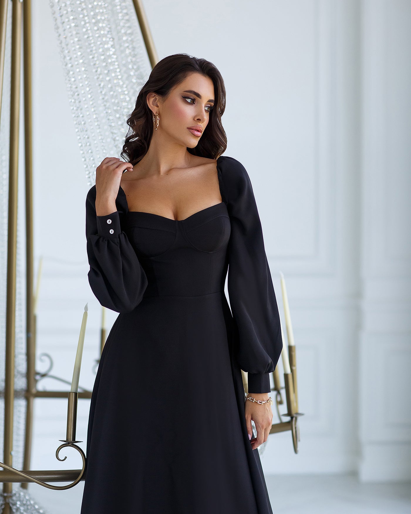 Black PUFF-SLEEVE MIDI DRESS (ARTICLE 401)