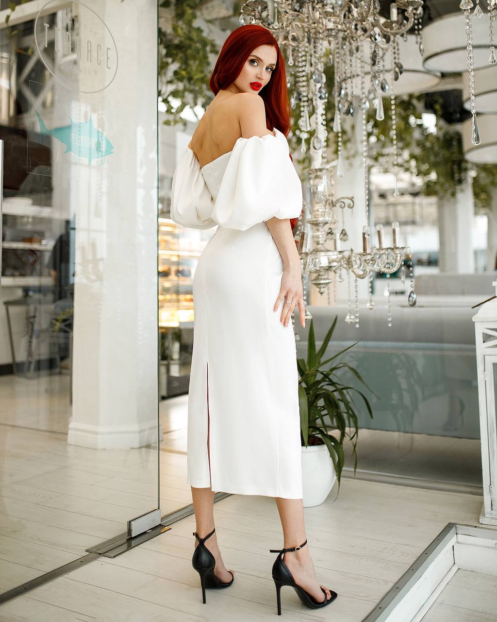 White SATIN SWEETHEART PUFF-SLEEVE MIDI DRESS (ARTICLE 330)