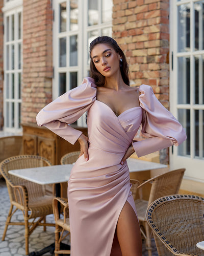 Dusty Pink Satin Puff-Sleeve Midi Dress (article 333)