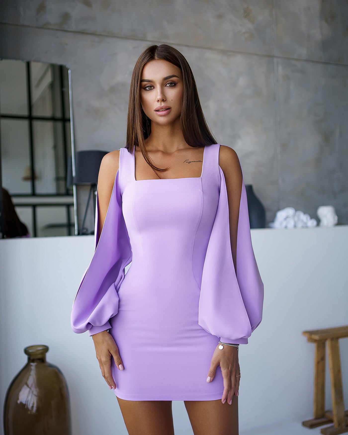 Lavender SQUARE NECK СUT-OUT SLEEVE MINI DRESS (ARTICLE 357)